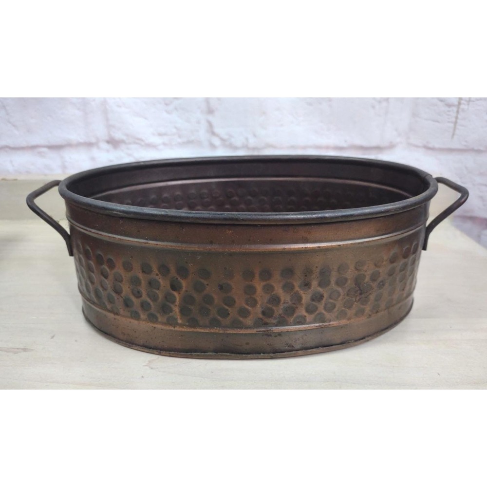 Vintage Oval Planter Pot Distressed Hammered Copper Color Metal Rustic Retro